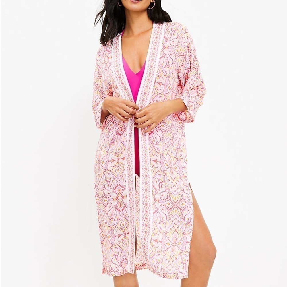 LOFT Beach Ikat Kimono Duster Pink White Coral Cover Up Long Line Lightweight